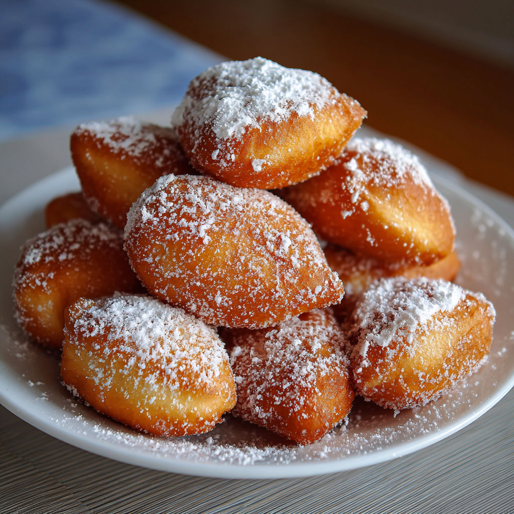 Des beignets moelleux d'Alsace (Késala) empilés sur un joli plat.
