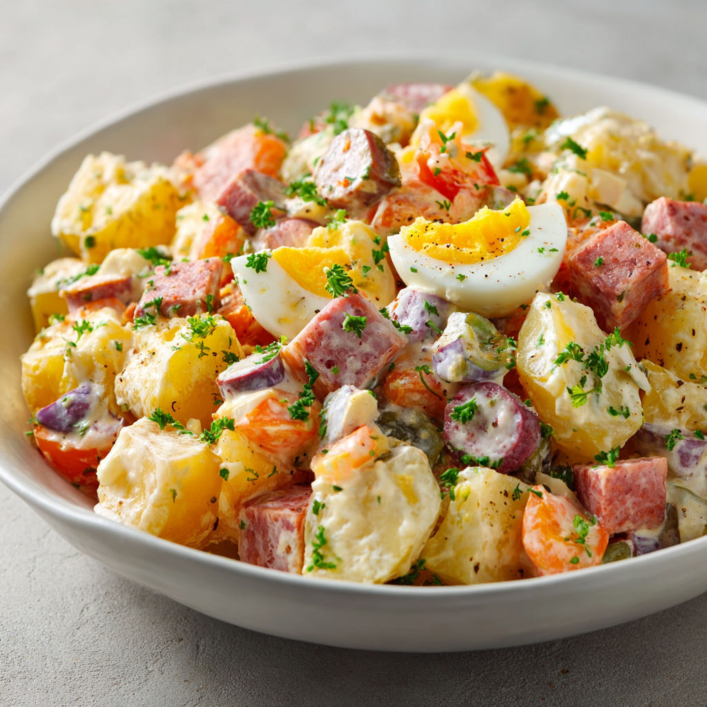On trouve dans un bol une salade piémontaise façon traiteur avec des morceaux de légumes et de la charcuterie.