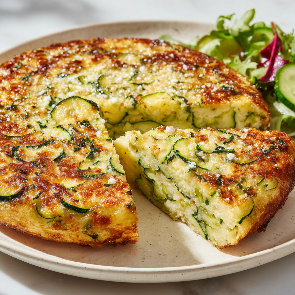 Un gâteau invisible aux courgettes et parmesan coupé en parts, posé sur un joli plateau.
