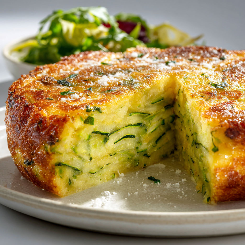 Une part toute moelleuse de gâteau de courgettes au fromage sur un plat à partager.