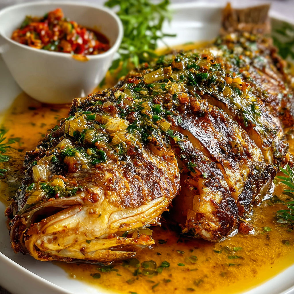 Délicieux poisson braisé camerounais mariné aux épices, servi avec sauce citron et herbes fraîches.