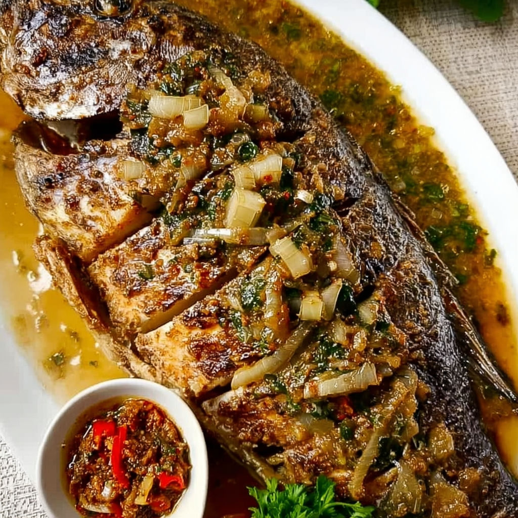 Superbe poisson braisé avec djansang, pébé et bons légumes verts.