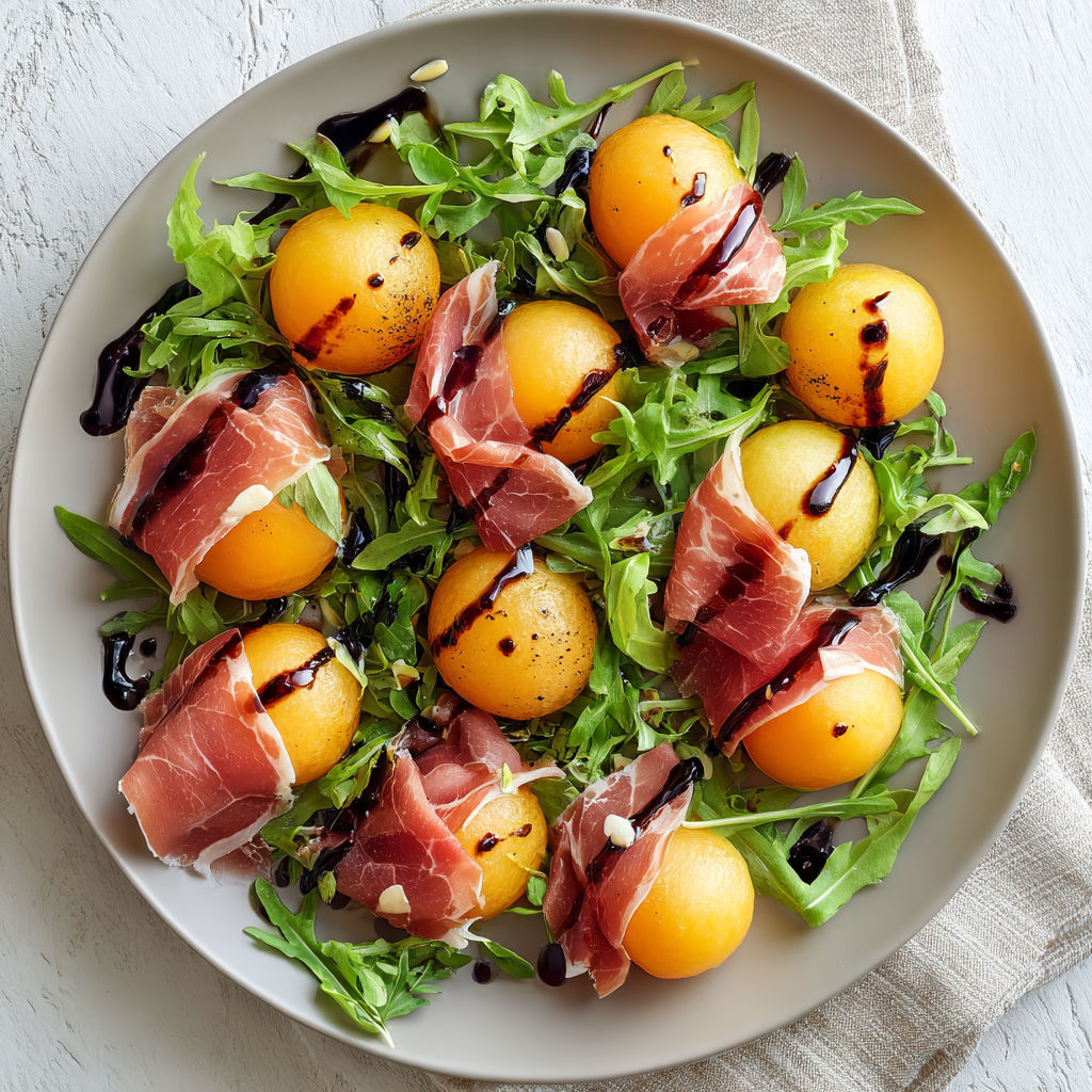 Salade fraîche avec melon, jambon cru et roquette, arrosée de sauce et colorée d’herbes. Un vrai plaisir d’été.
