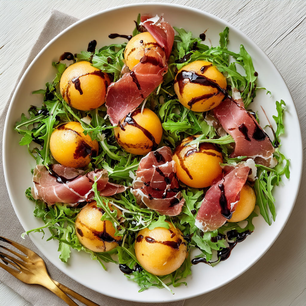Un mélange de salade, melon, tomates cerises et légumes croquants sur le dessus.