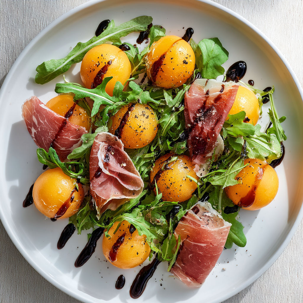 Salade élégante avec tomates, jambon cru et touche de balsamique noir, joliment dressée.