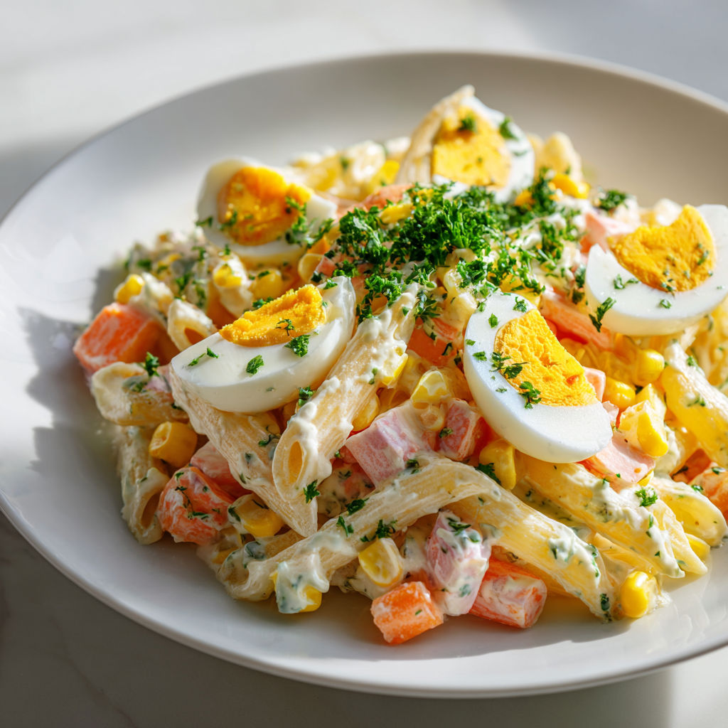Une assiette pleine de pâtes avec surimi et œufs durs bien appétissants.