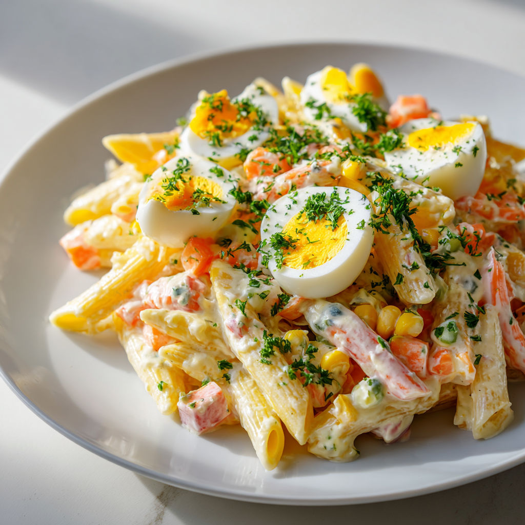 Salade fraîcheur au surimi, œufs et maïs dans un plat sur plateau, toute colorée.