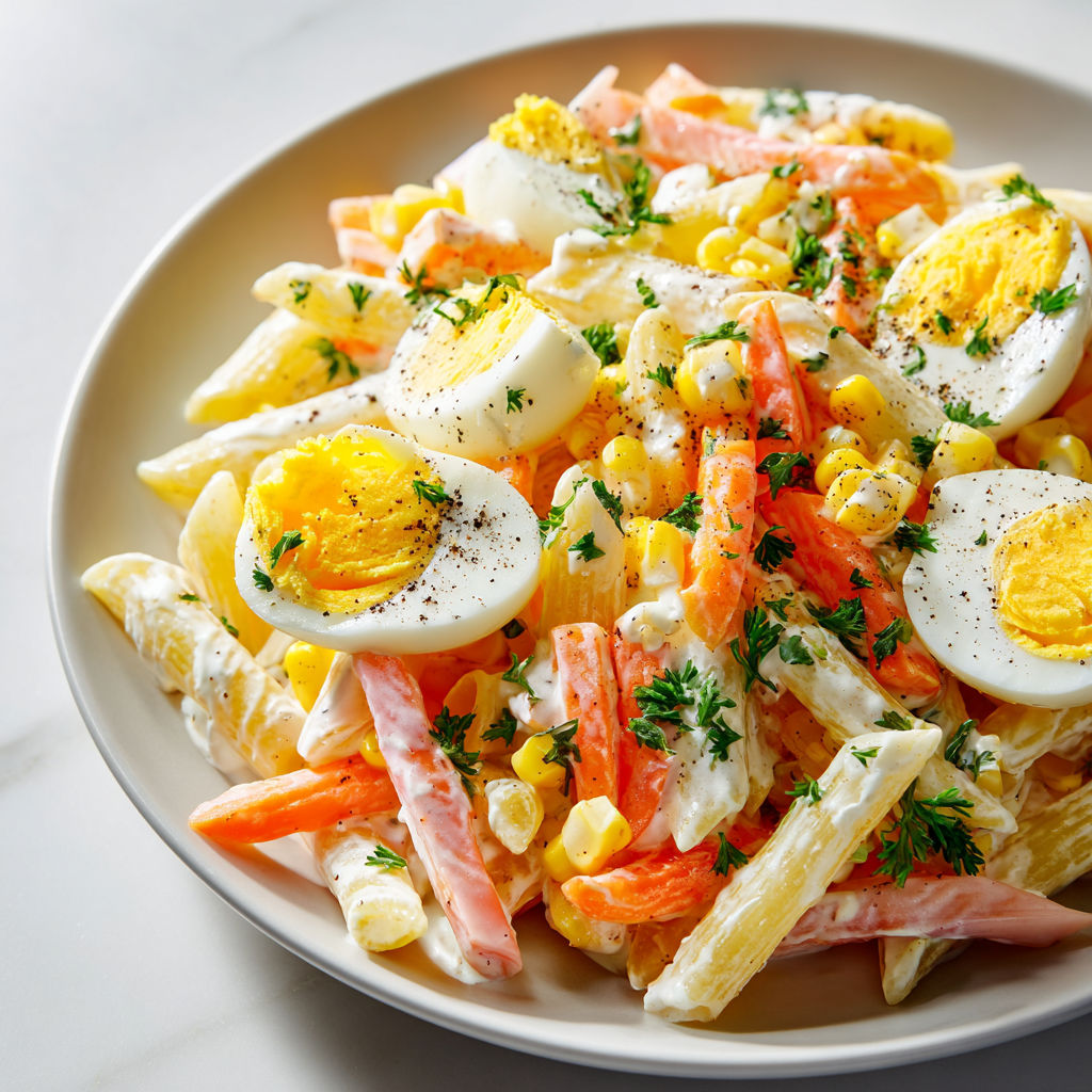 Un plat complet de salade au surimi et œufs cuits, prêt en 25min.