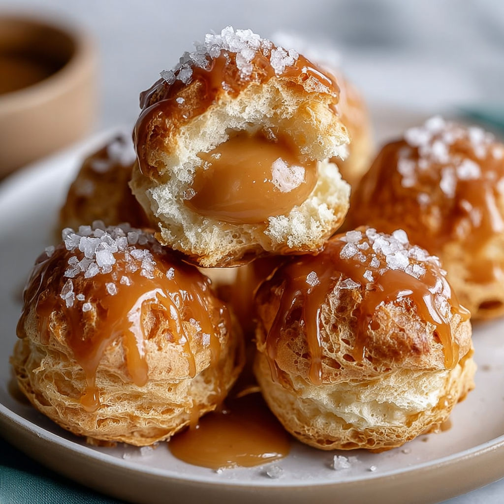 Assiette de choux dorés garnis d’une crème caramel beurre salé bien fondante.