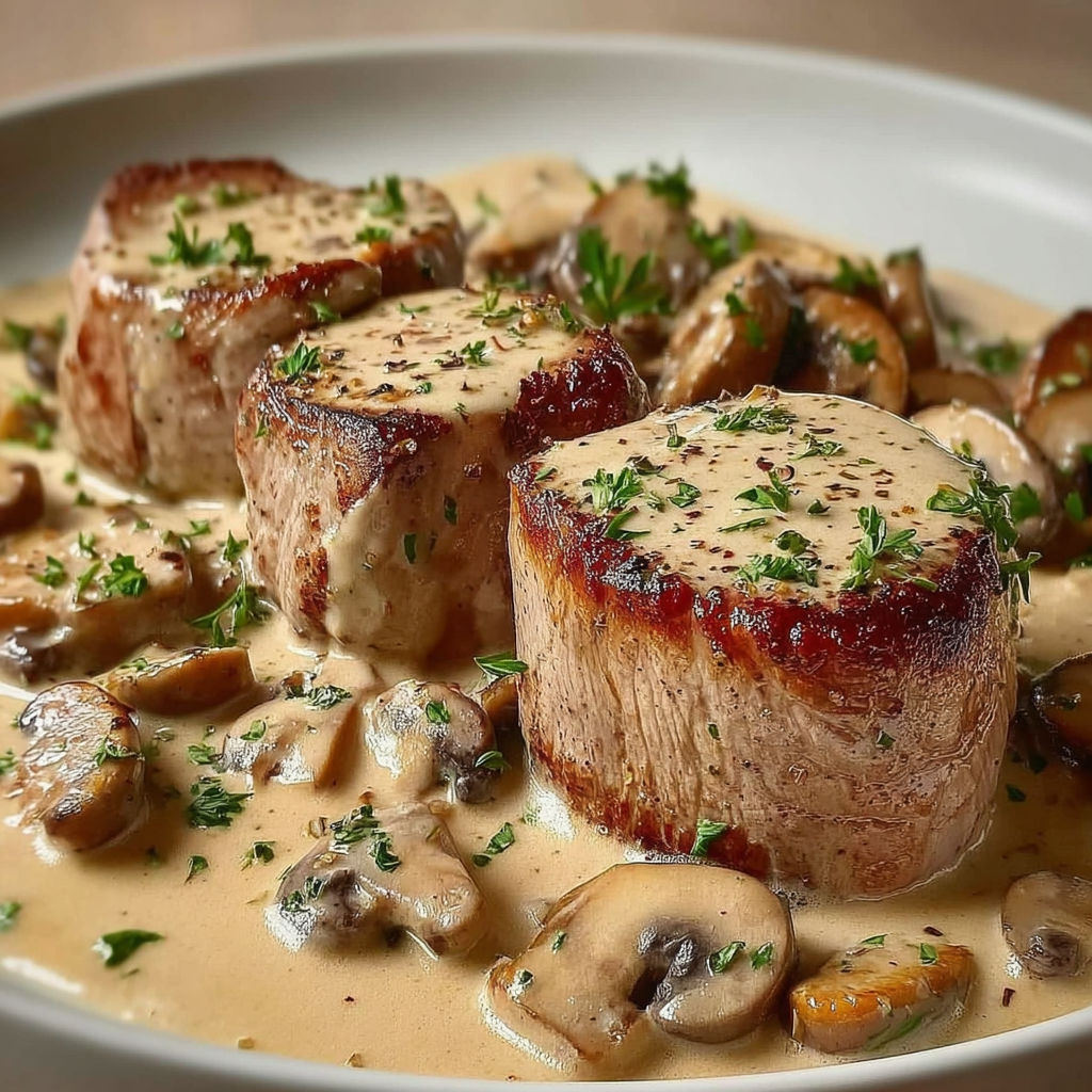 Un filet mignon nappé de sauce crémeuse avec des champignons dorés et des herbes fraîches.