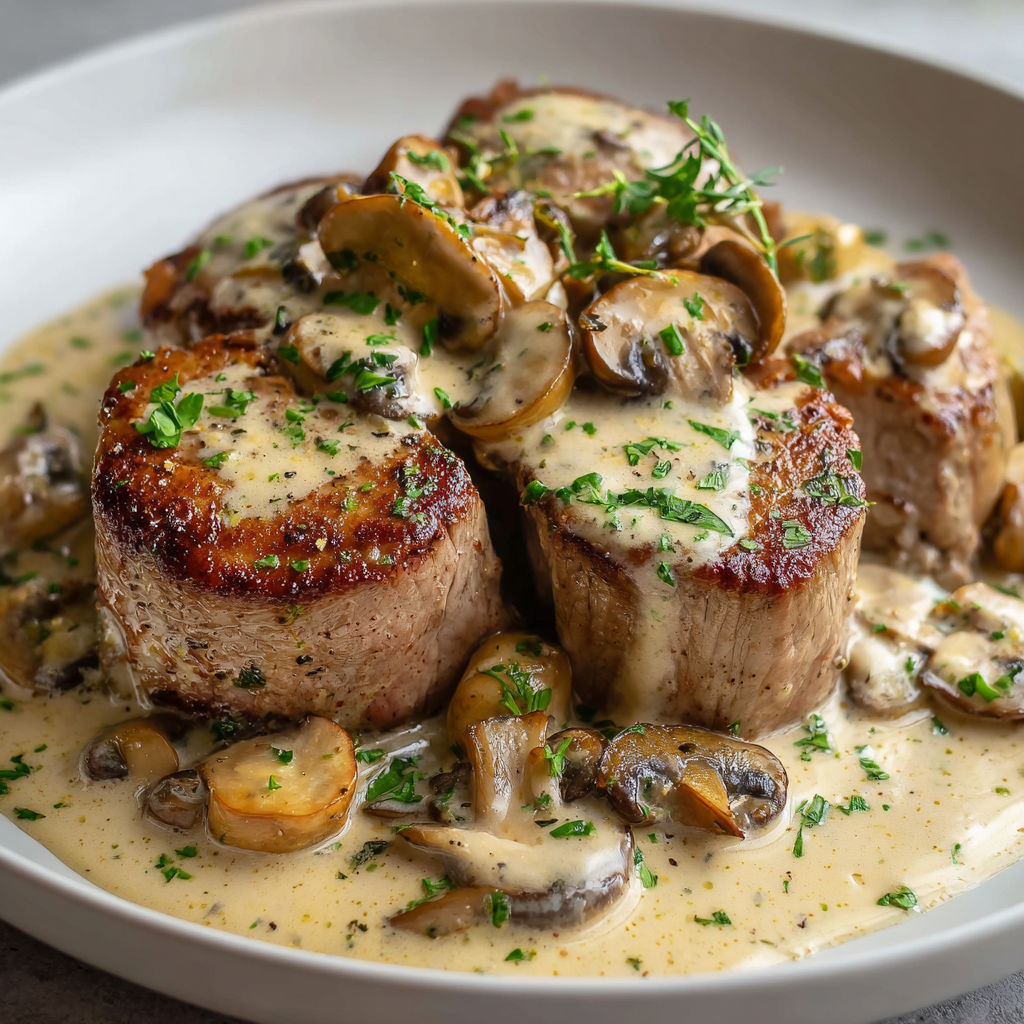 Un filet mignon bien doré avec des champignons sautés et crème fondante.
