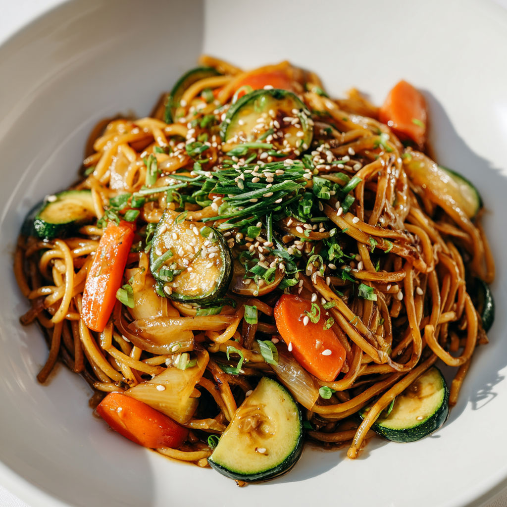 Dans l’assiette, des nouilles sautées pleines de légumes comme des carottes, courgettes et des feuilles vertes.