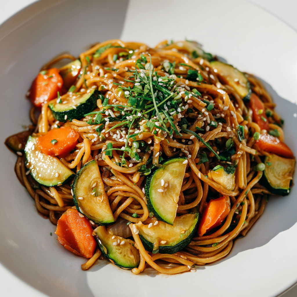 Des nouilles bien brillantes, pleines de légumes multicolores et relevées à la sauce soja, tout juste sorties du wok.