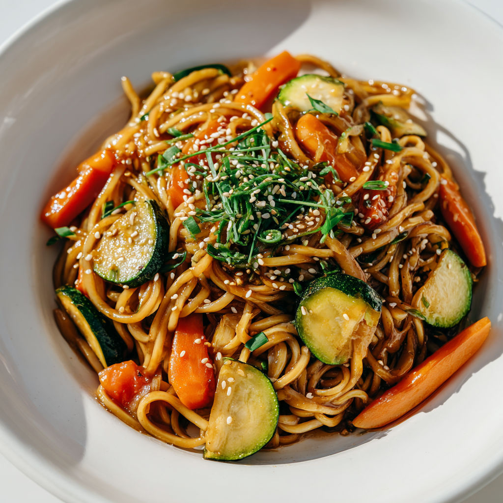 Un joli plat de nouilles façon wok, aux légumes colorés, prêt en moins de 20 minutes.