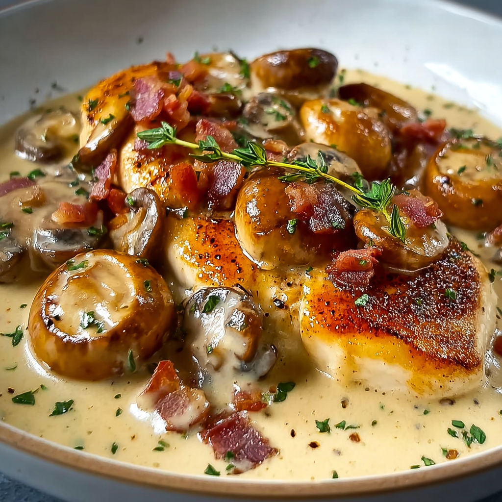 Dans un grand bol, un poulet crémeux côtoie des champignons poêlés et du bacon doré, un peu d’herbes par-dessus.