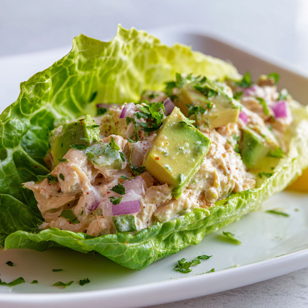Une belle assiette de poulet, avocat, salade et herbes fraîches.