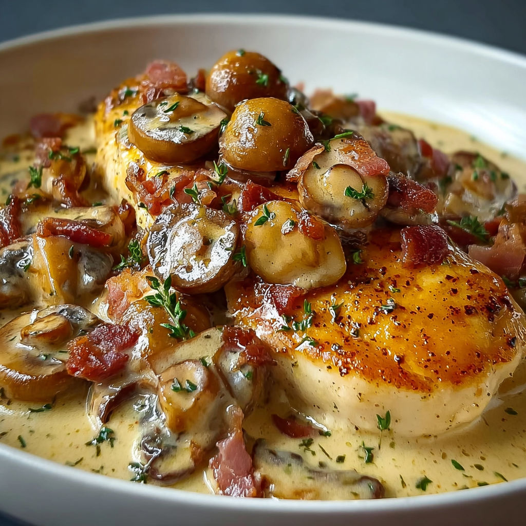 Poulet doré nappé d'une sauce épaisse aux champignons avec des lardons croustillants.