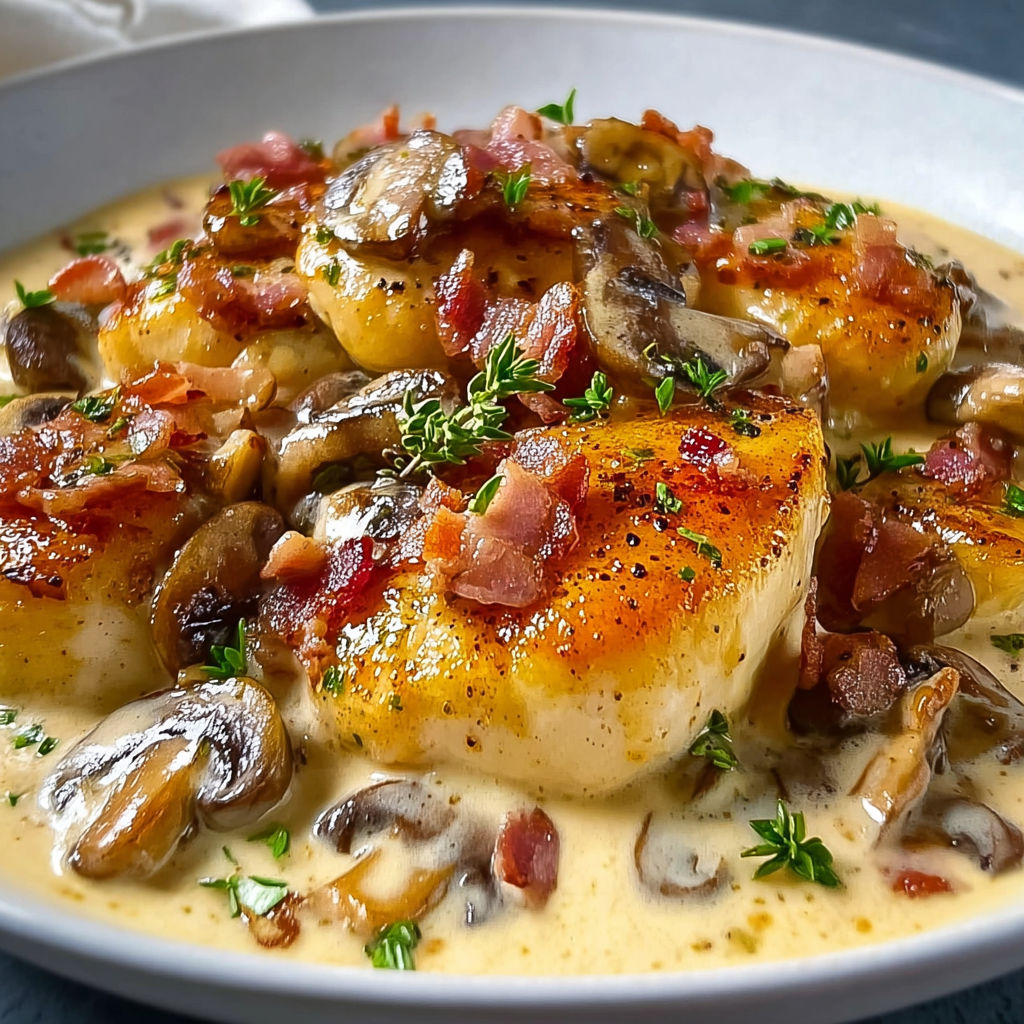 Assiette de poulet doré poêlé avec champignons et bacon, nappé de sauce crémeuse.