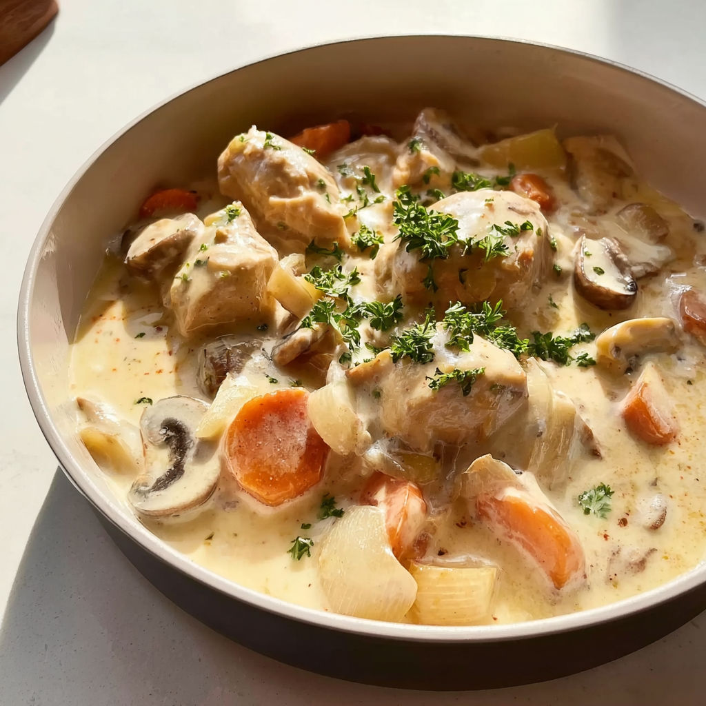 Un plat servi où carottes, champignons et légumes se nichent dans une sauce crémeuse moutarde.