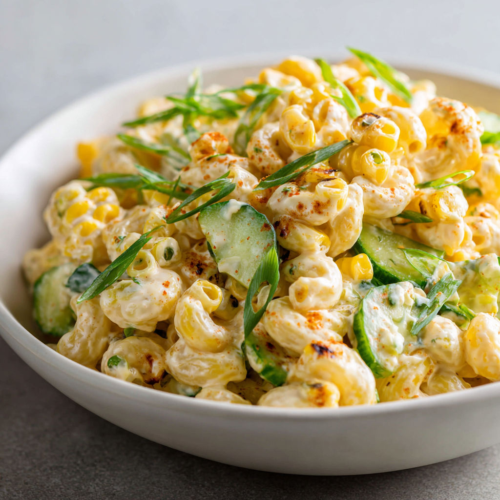 On voit dans un bol une salade de macaronis bien crémeuse, avec des morceaux dorés de maïs rôti.