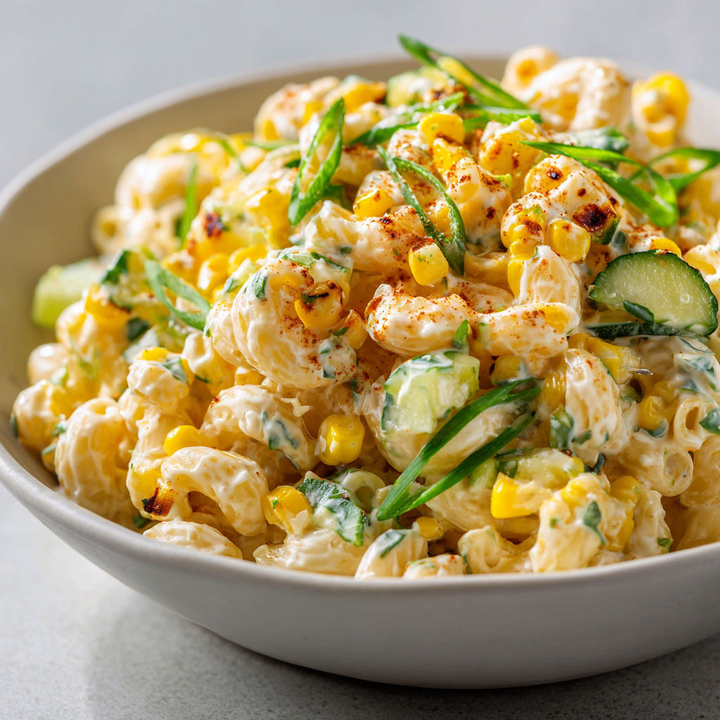 Une belle salade de macaronis au maïs grillé dans un grand bol.