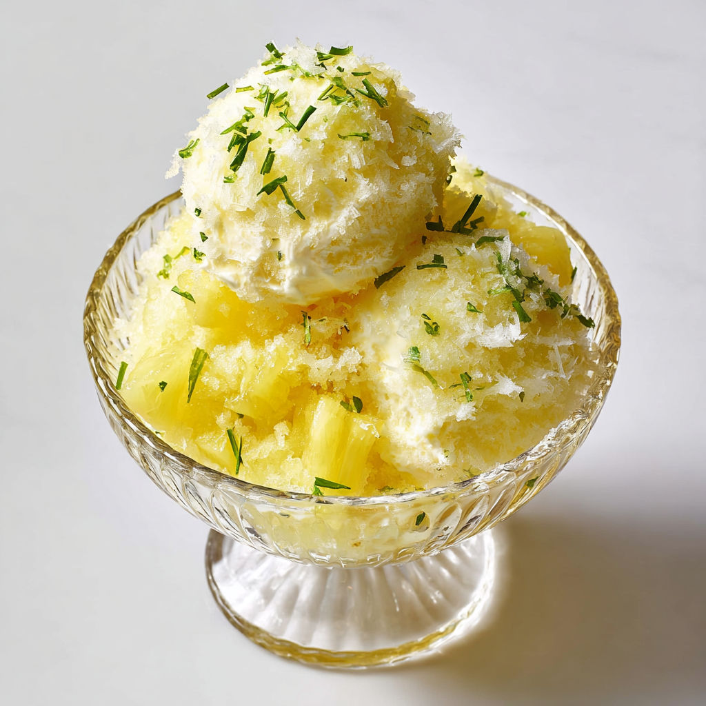 Un bol de glace d’ananas, avec les parfums vanille et lime, prêt à déguster.