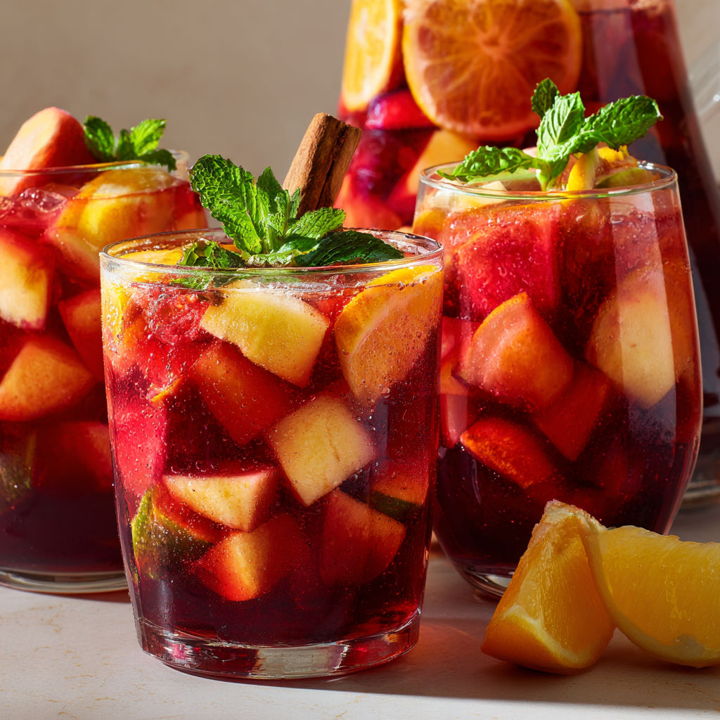 Dans un verre, combine sangria sans alcool et morceaux de fruits frais comme orange et cerise.