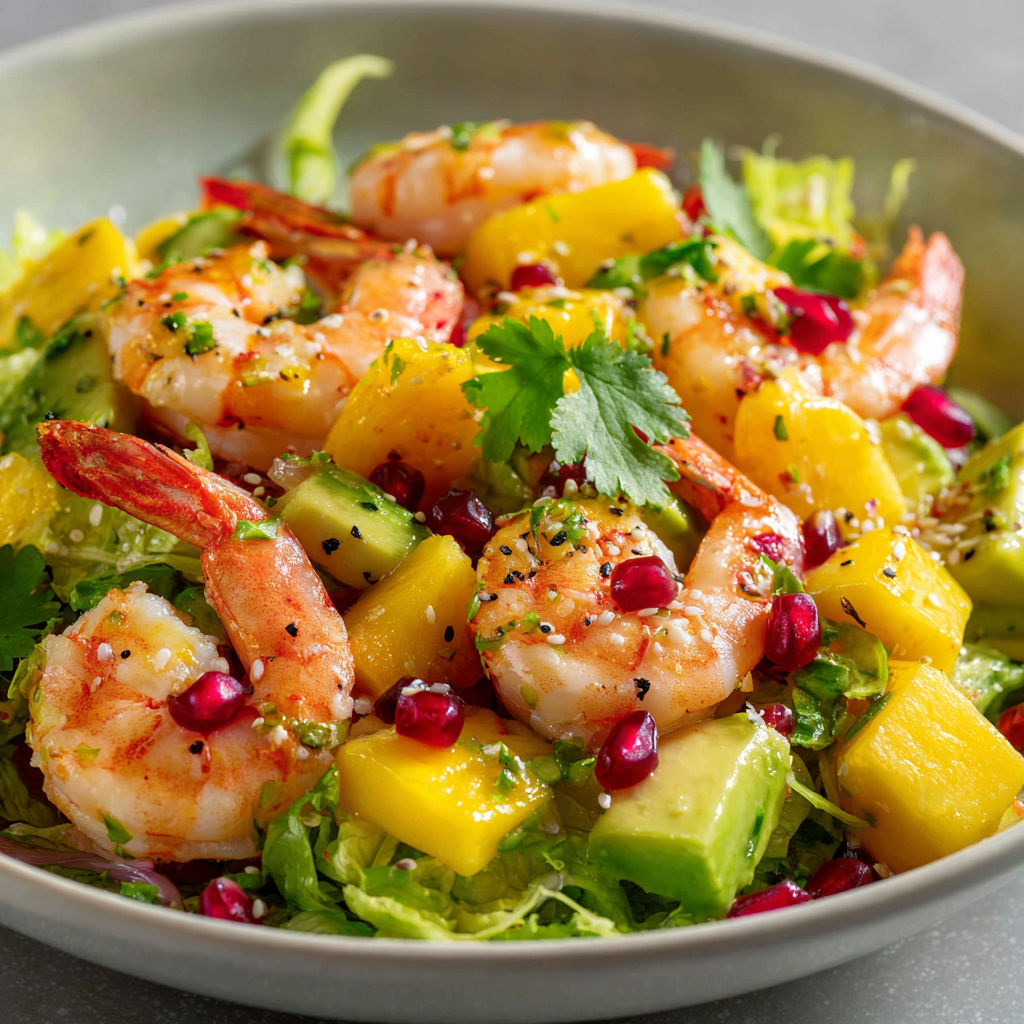 Gros plan sur salade avocat crevette, tomates cerises et herbes fraîches.