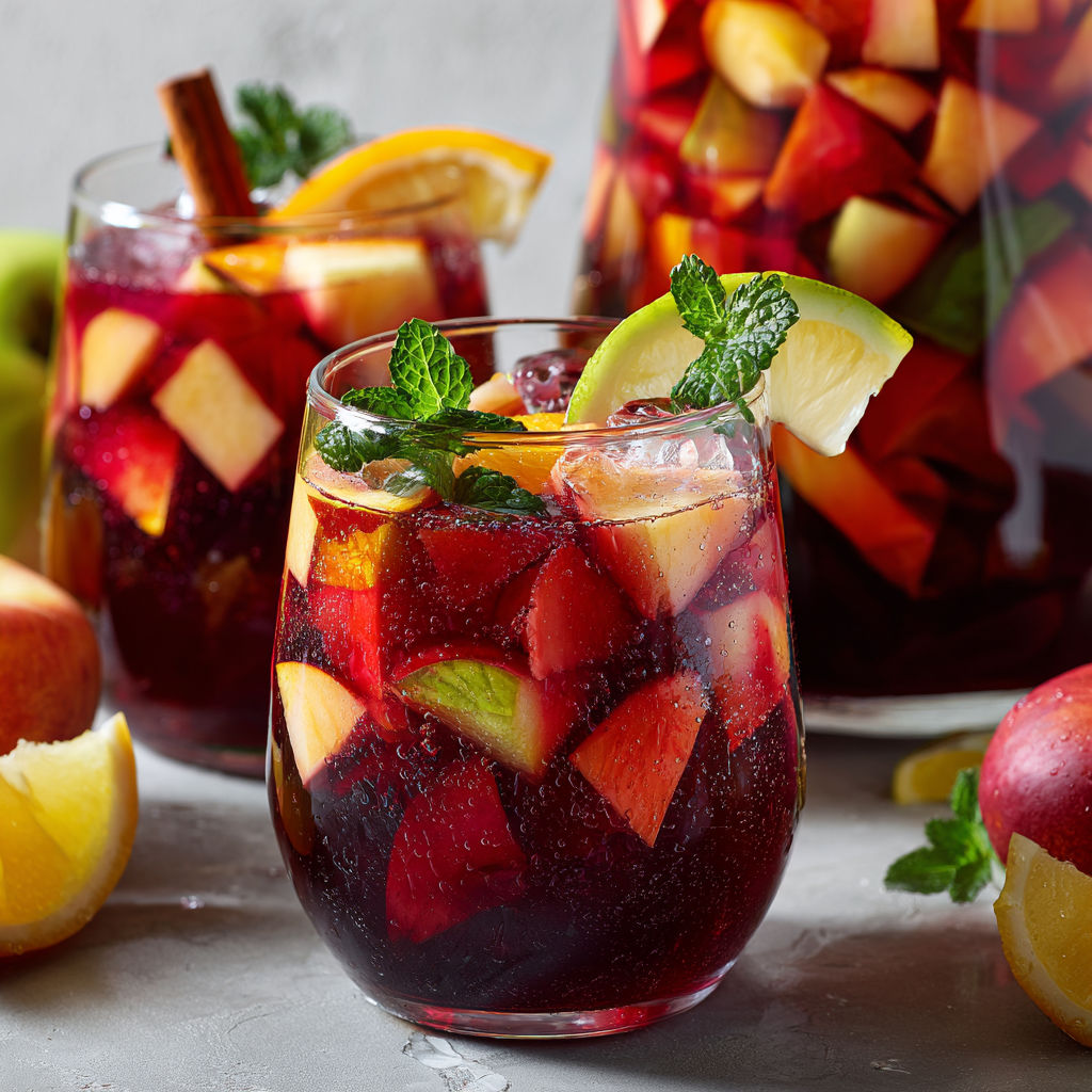 Un verre de boisson estivale sans alcool, débordant de fruits frais comme pomme, orange et citron.