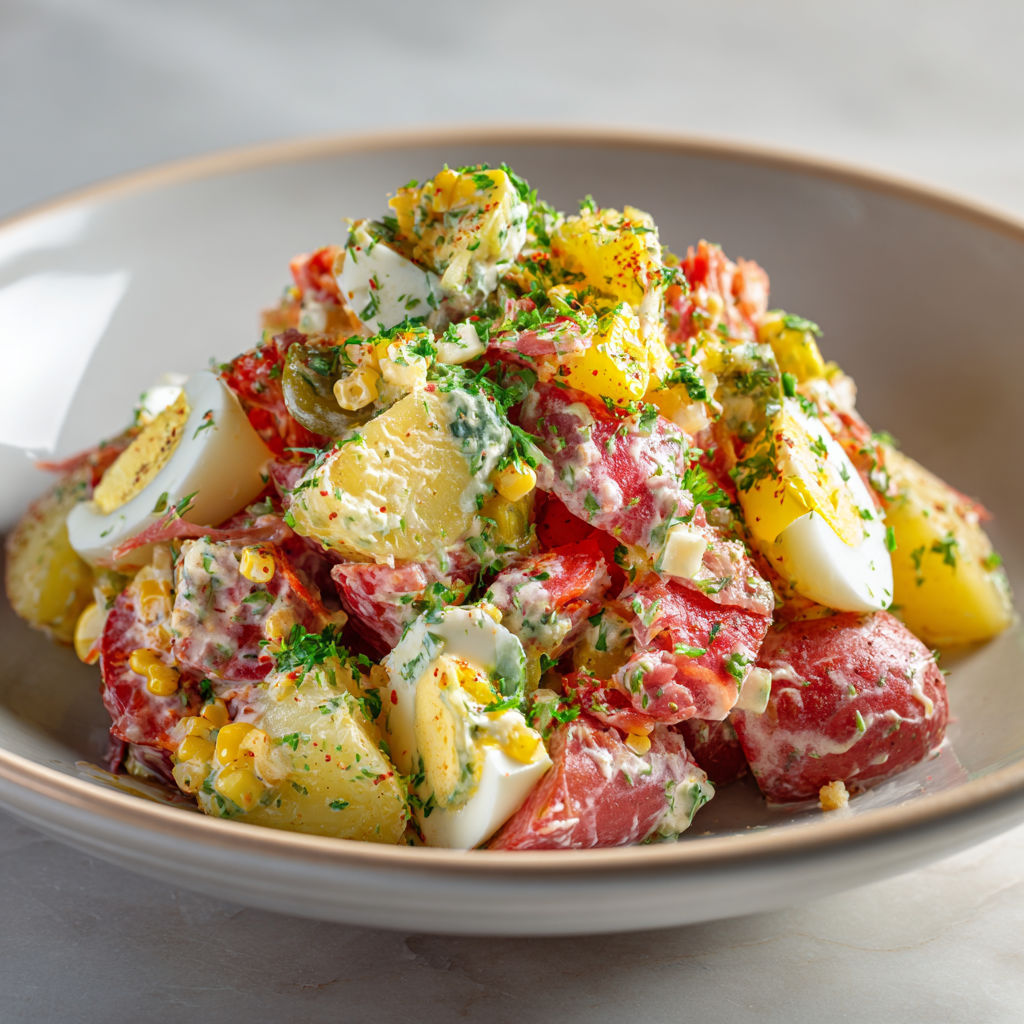 Dans un bol en porcelaine, une belle salade colorée avec pommes de terre et légumes qui fera sensation à coup sûr.