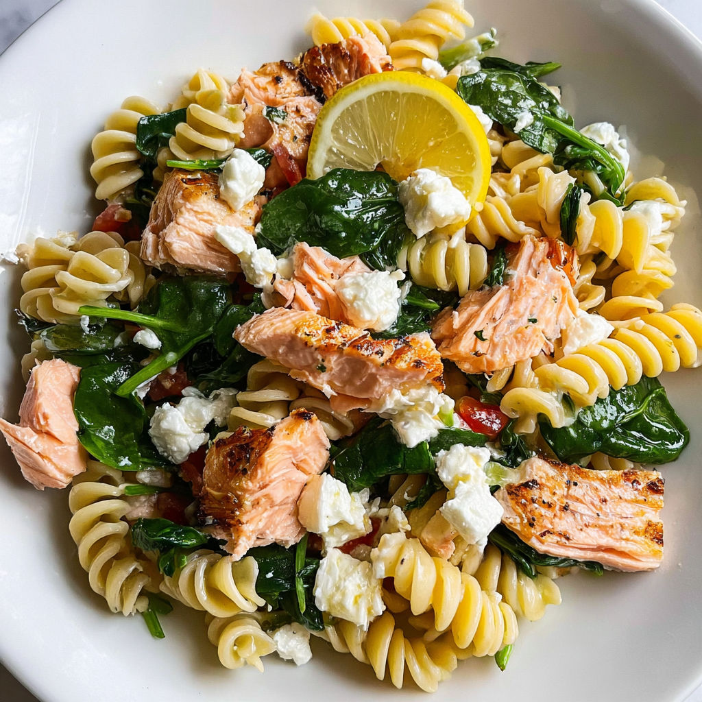 Des pâtes, du saumon et des épinards avec du citron servis simplement sur un plateau.