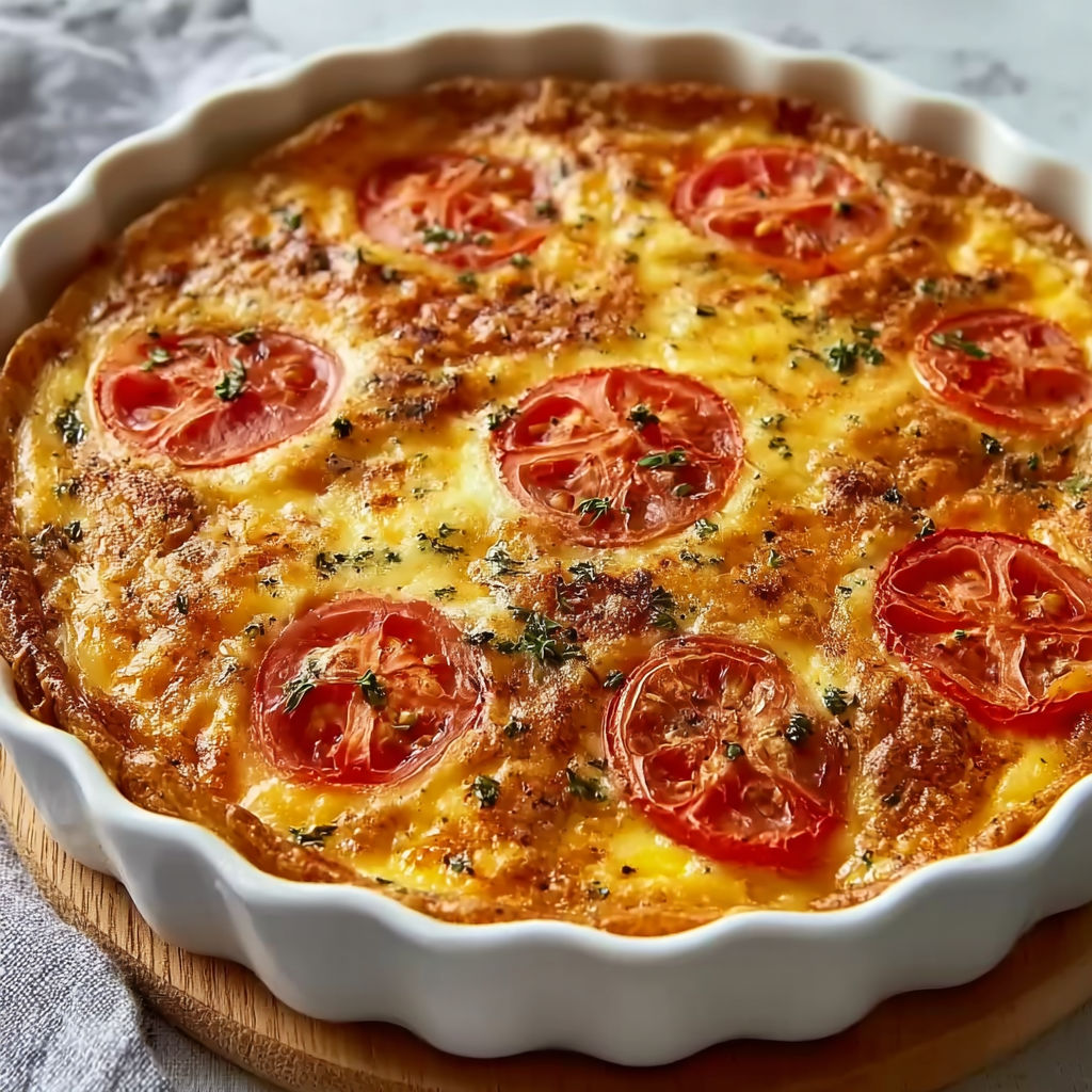 Tarte moelleuse tomate et fines herbes, servie dans un plat ovale.