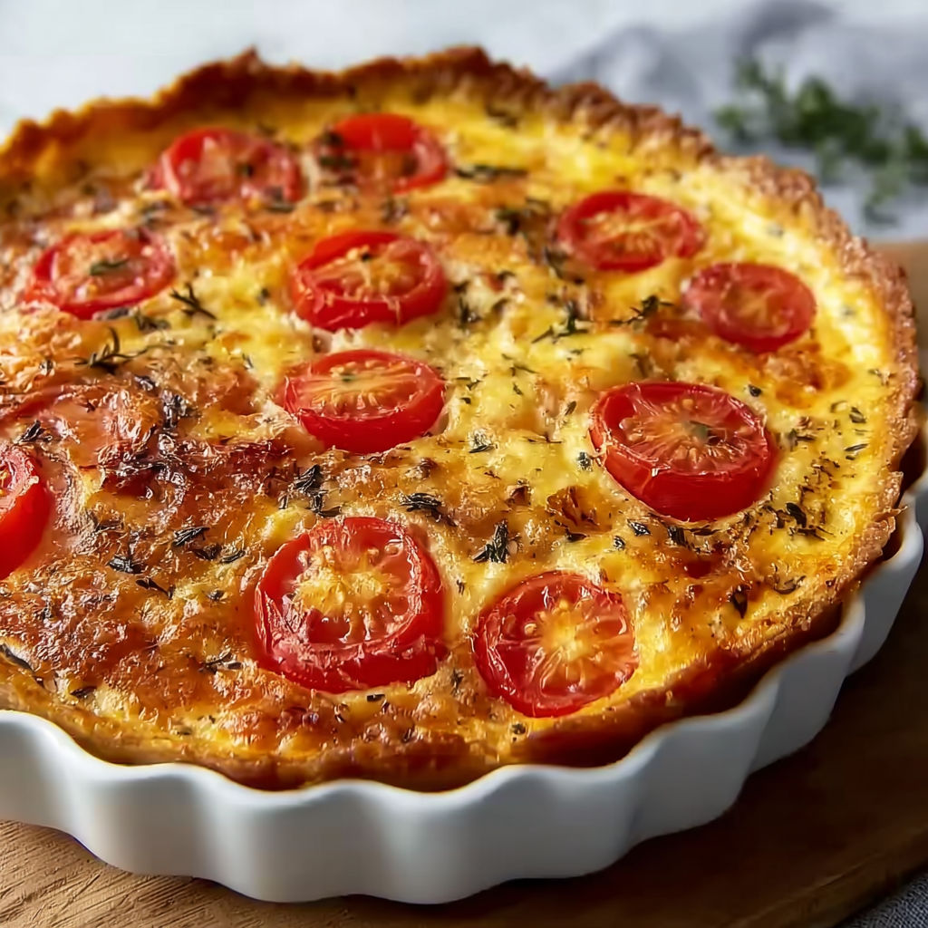 Tarte moelleuse tomates et herbes, prête à être dégustée dans un plat en verre.