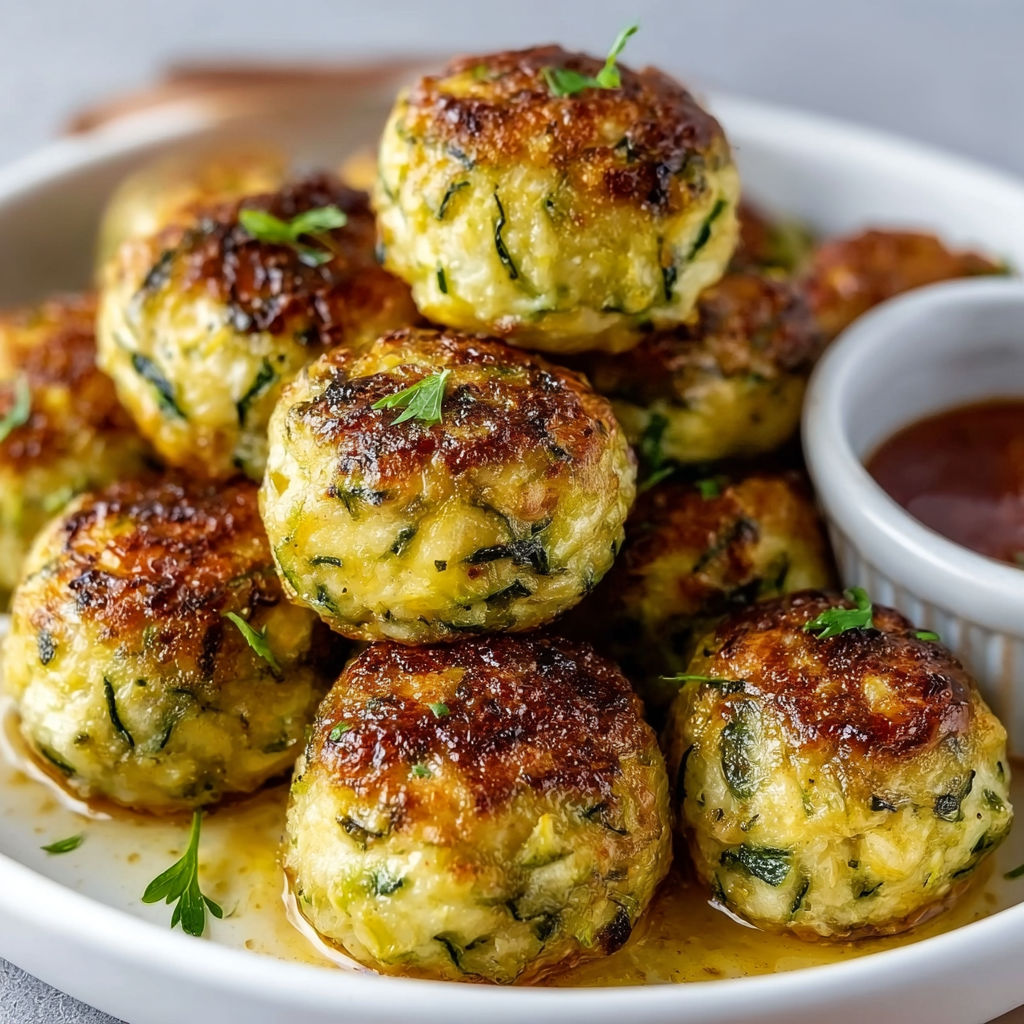 Assiette de boulettes de légumes cuites avec une trempette savoureuse.