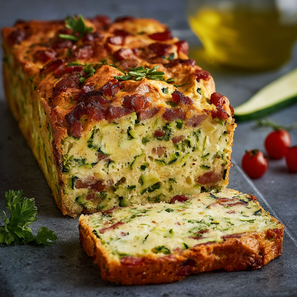 Une belle part moelleuse de cake courgette lardons, avec des tomates fraîches et un brin d’herbe.