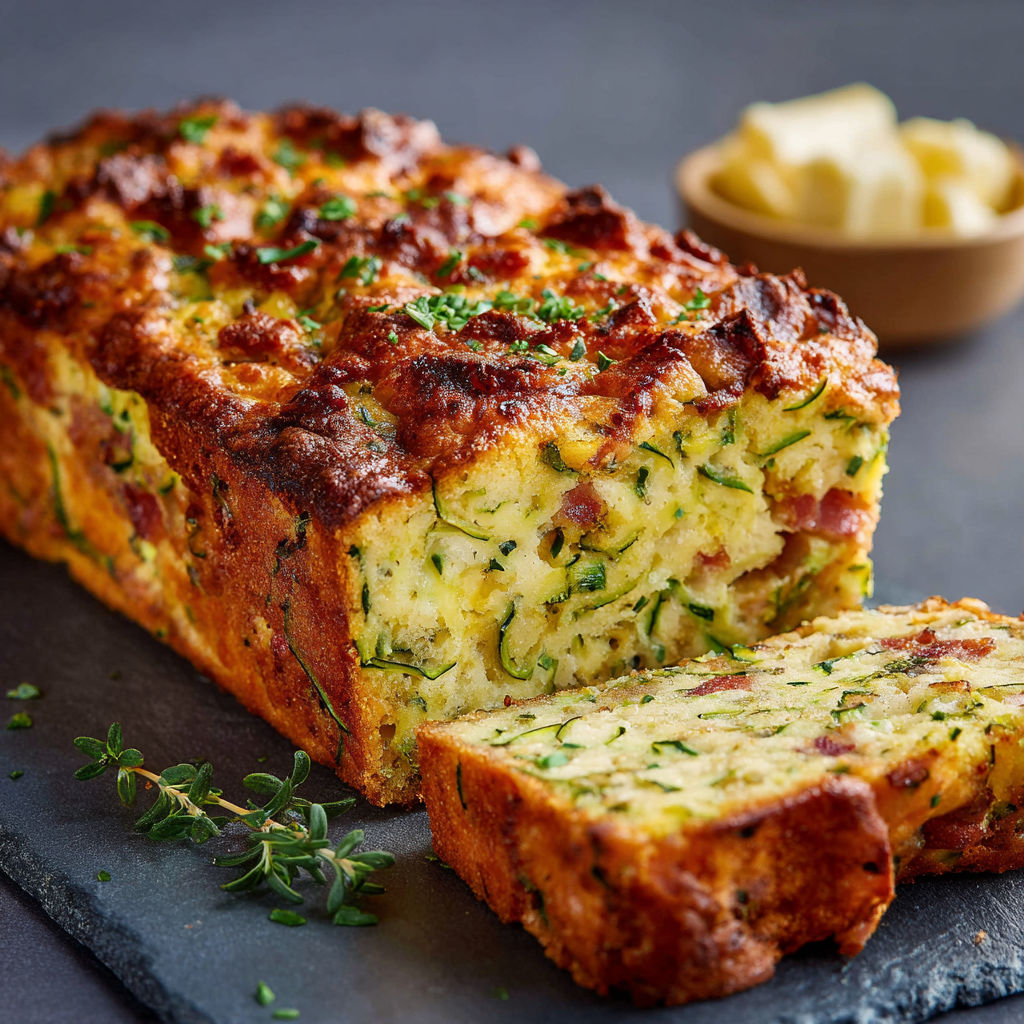 Gros plan sur une part fondante courgette-lardons pour l'été.