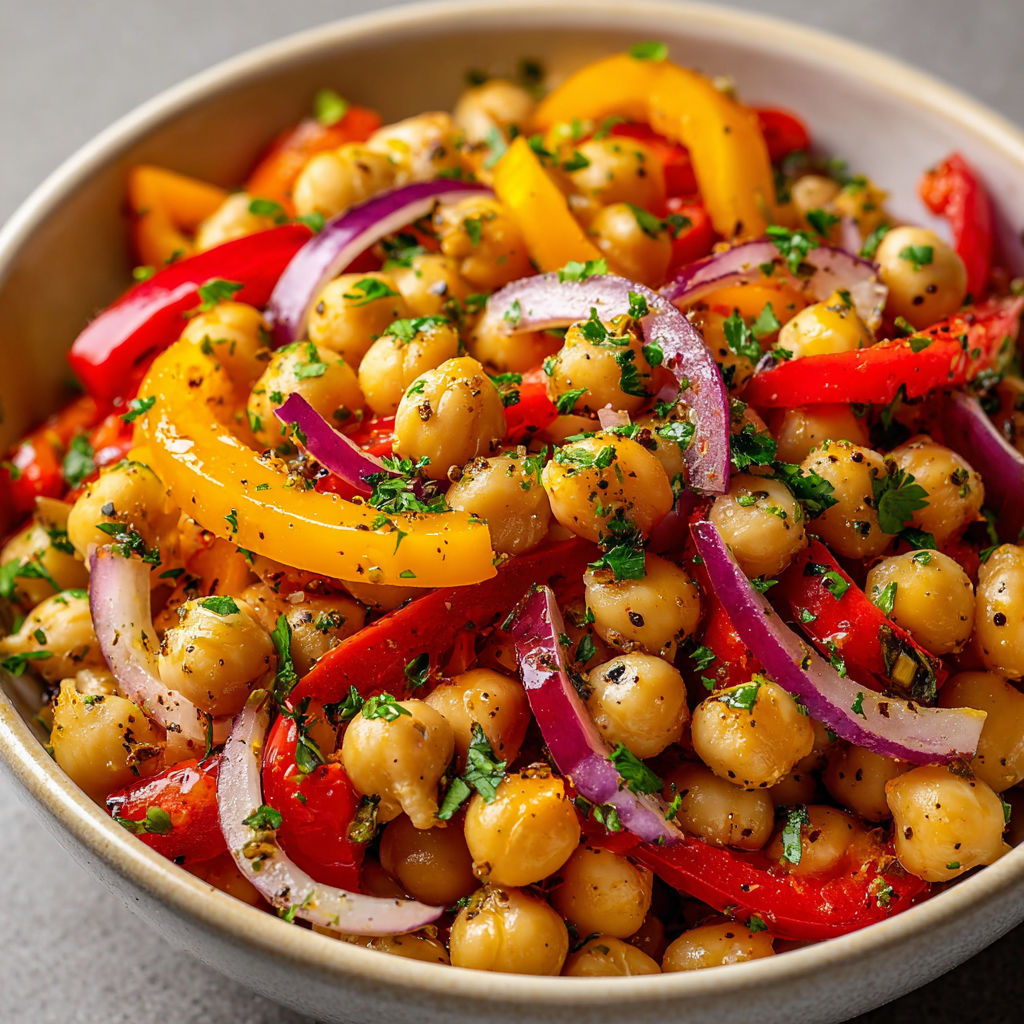 Délicieux bol de pois chiches à la méditerranéenne avec des légumes colorés et du persil frais.