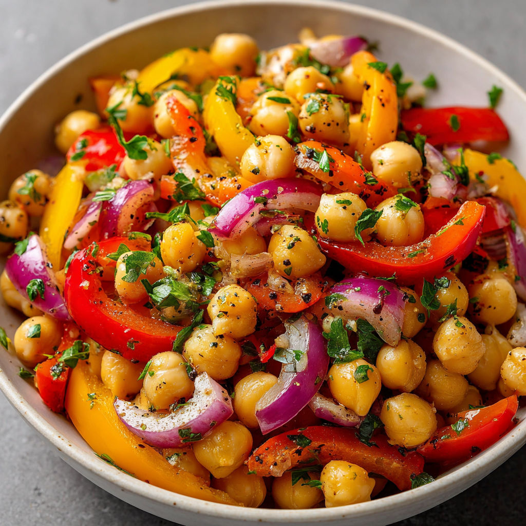Dans un grand bol, une salade pleine de couleurs avec poivrons, tomates et pois chiches est dressée.