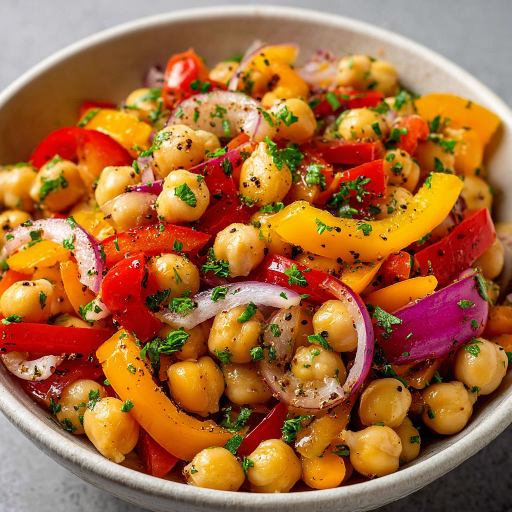 Dans un bol, on voit une salade de pois chiches, tomates, herbes et épices colorées.