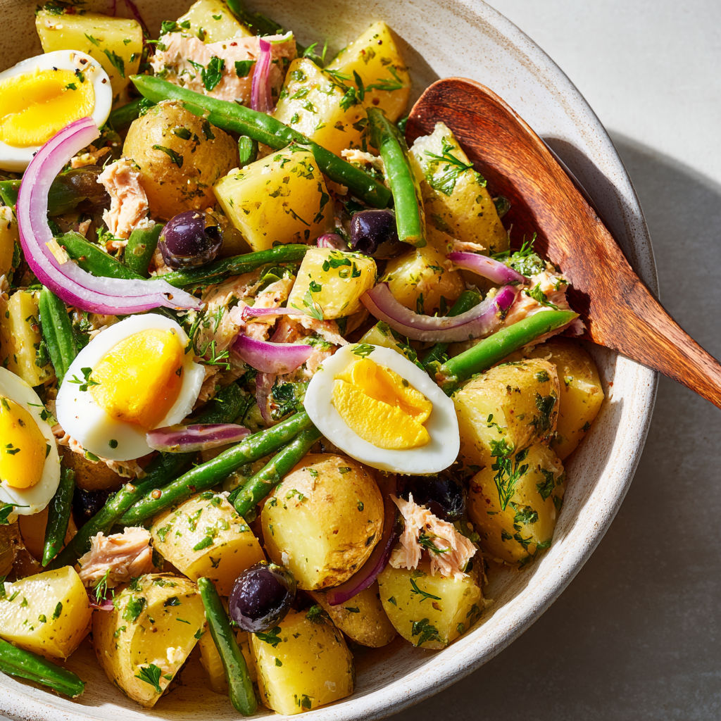 On voit une assiette généreuse de pommes de terre, haricots verts, thon et œufs servis joliment dans un bol.
