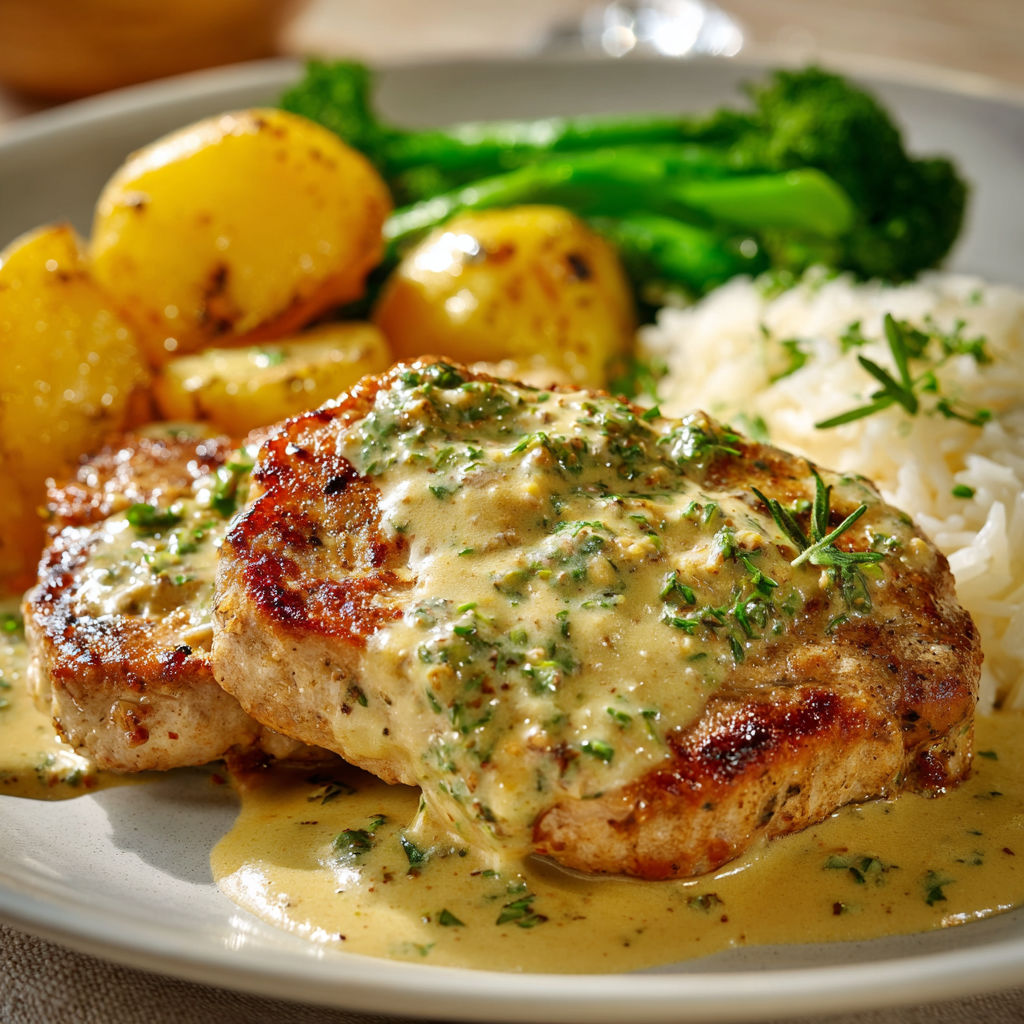 Une escalope de porc nappée de sauce moutarde posée sur une assiette, entourée de légumes verts croquants et de pommes de terre fondantes.