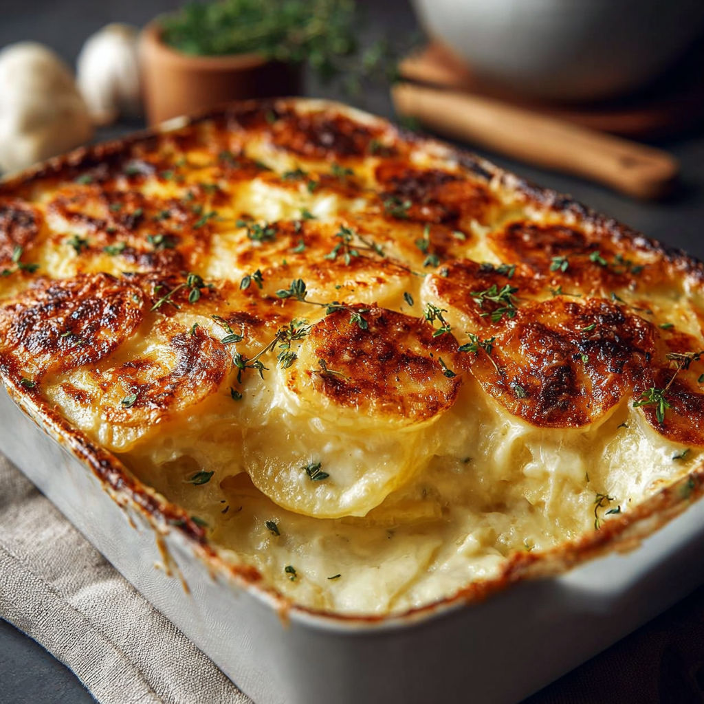 Un gratin de pommes de terre doré, agrémenté d’herbes fraîches, servi dans un plat en céramique.