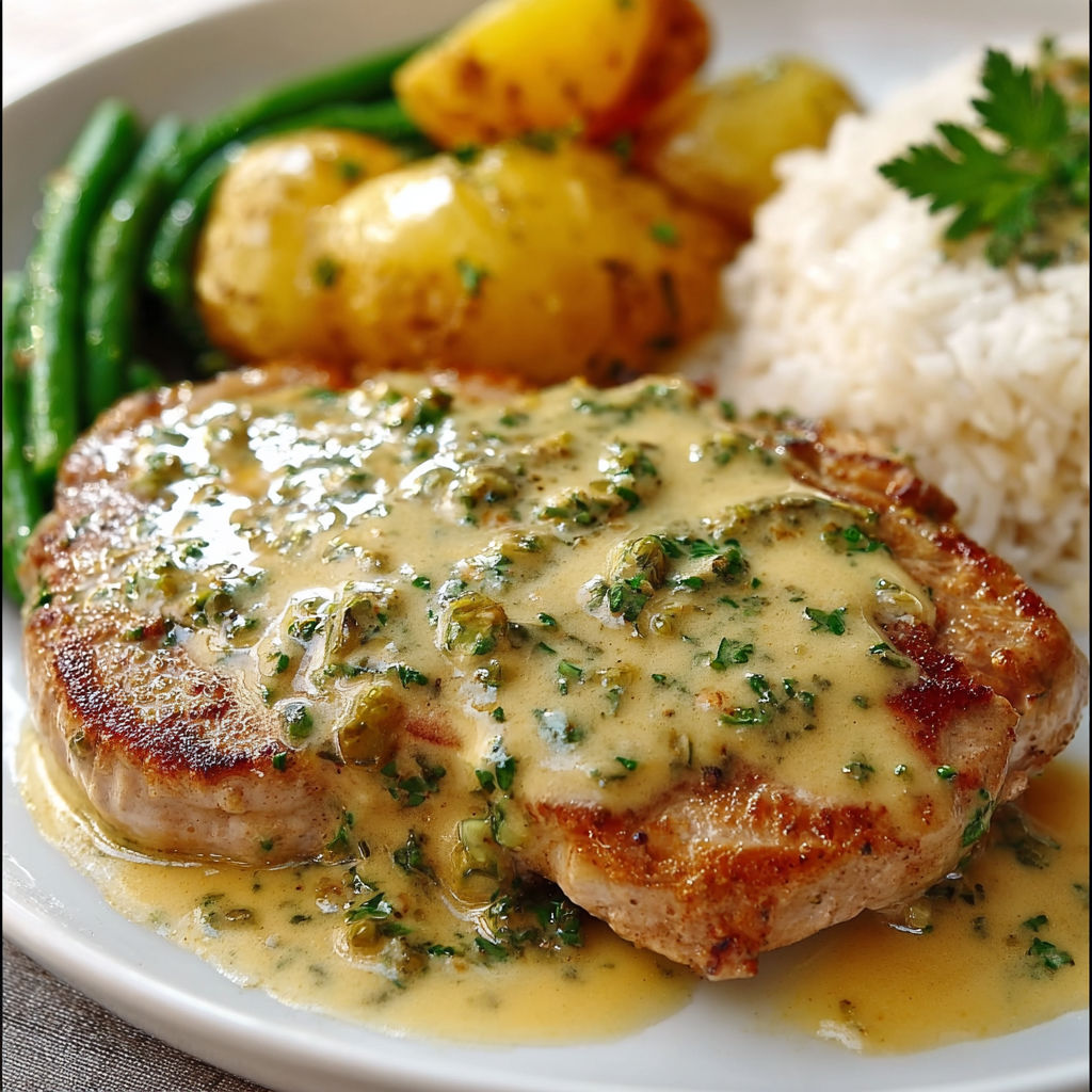 Un beau morceau de bœuf nappé de sauce pesto, avec des pommes de terre et des légumes verts.