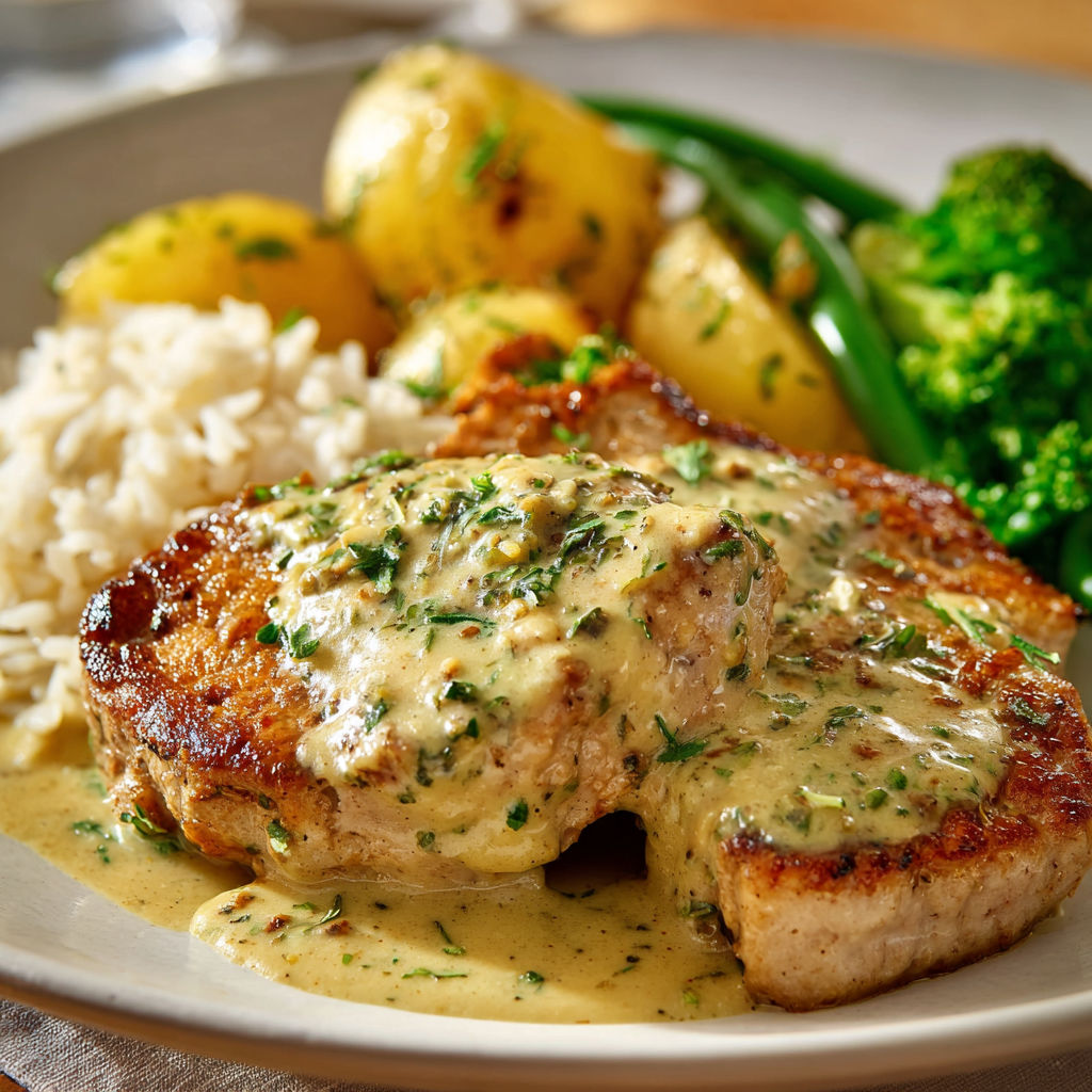 Du poulet nappé de sauce avec de jolis légumes verts et des pommes de terre.