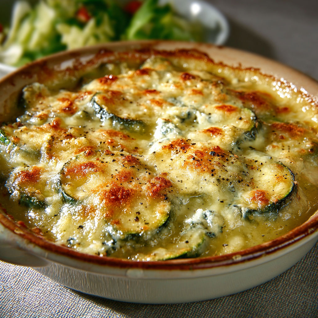Un bon plat de courgettes fondantes au bleu et gruyère servi à table.