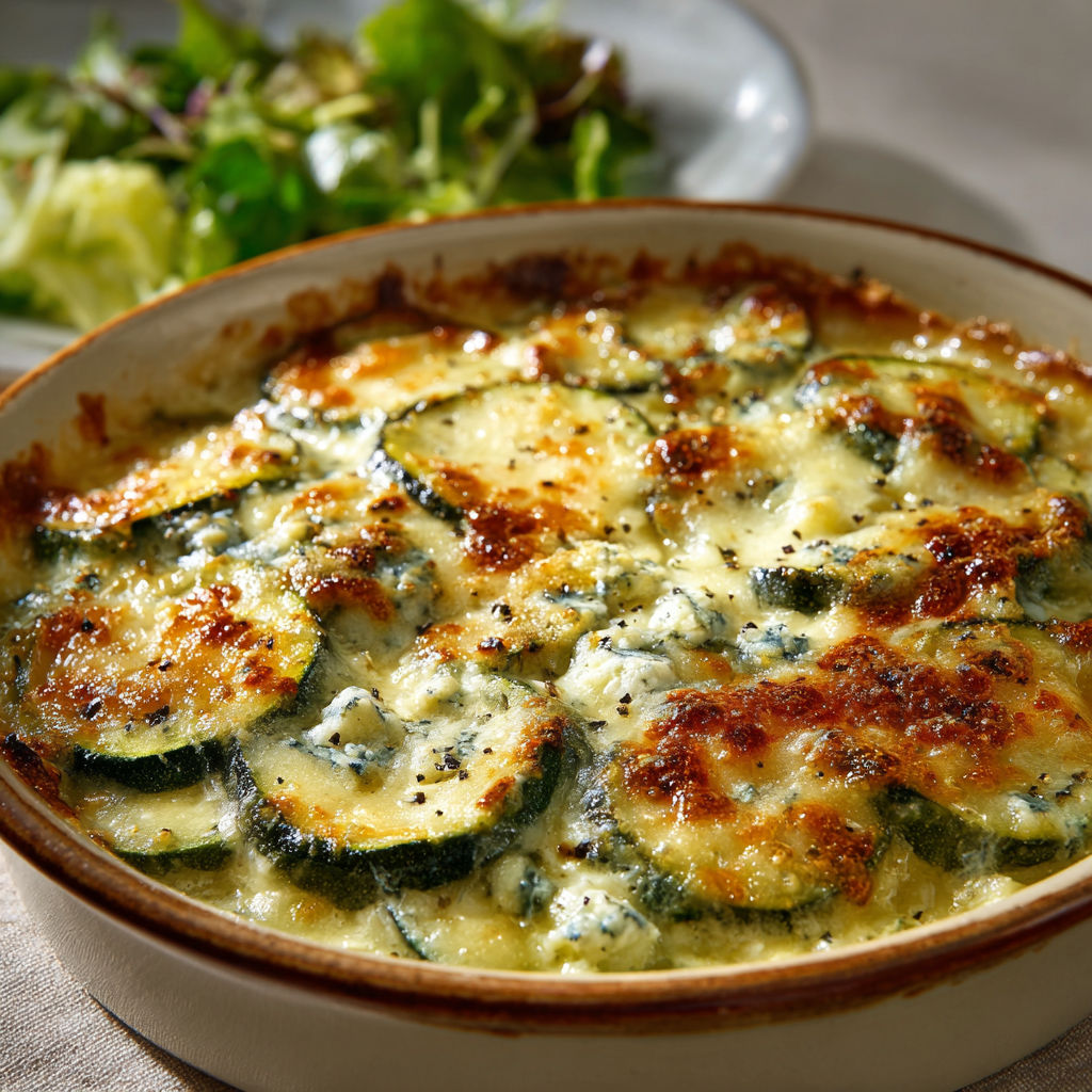 Une assiette généreuse de gratin crémeux aux courgettes et fromages, avec touches de vert et herbes fraîches.