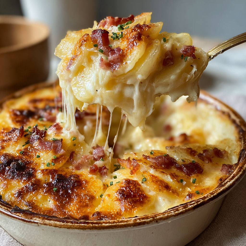 Un bol de Délice Gratiné Pommes de Terre Mozzarella Lardons tout doré prêt à déguster sur la table.