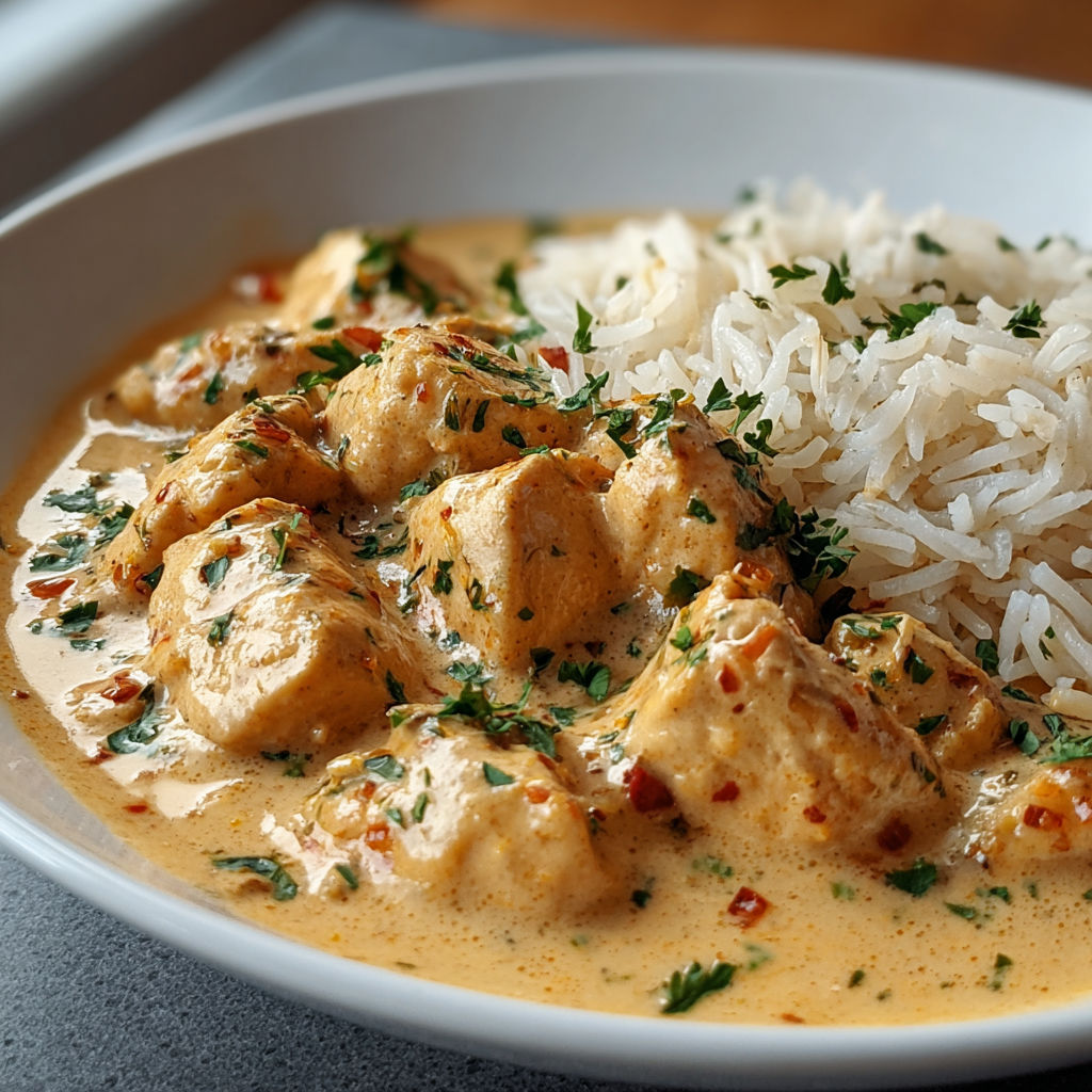 Un bol blanc rempli de poulet au riz, décoré d’herbes fraîches et d’épices.
