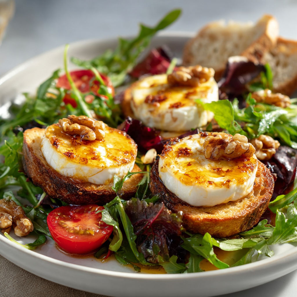 Un plat débordant de gourmandise avec chèvre fondu, tomates, salade croquante, pain toasté et noix croustillantes, présenté sur plateau.