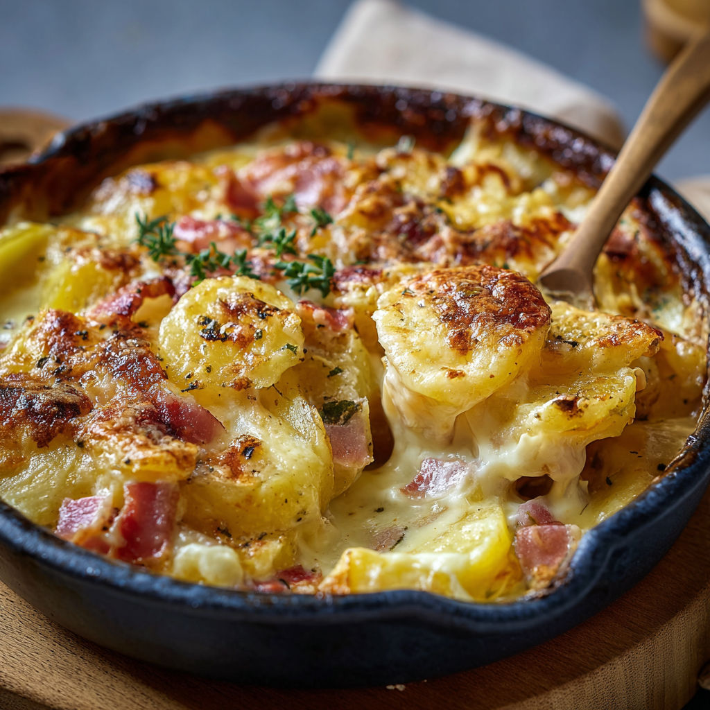 Tartiflette rapide dans une poêle, pommes de terre, lardons et herbes en bol en fonte.